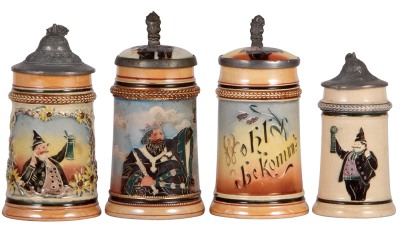 Four Diesinger steins, .25L, pottery, threading & relief, pewter lid; with, .25L, threading, inlaid lid; with, .25L, threading, inlaid lid, small chip on inlay edge; with, 5.0" ht., threading, pewter lid dented, others in good condition.