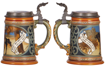 Two Mettlach steins, .5L, 3089, etched, inlaid lid, by H. Schlitt, fair repair of handle; with, .5L, 2008, etched, inlaid lid, inlay poorly repaired. - 3