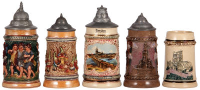 Five Diesinger steins, .25L, pottery, relief, pewter lid, browning; with, .25L, 913, relief, pewter lid, thumblift is loose; with, .3L, 184, relief, transfer & handpainted, Dresden, pewter lid; with, .25L, relief, Brigham & Young Pioneers, 1847, pewter li