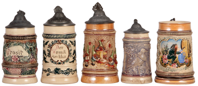 Five Diesinger steins, .25L, pottery, relief, pewter lid; with, .25L, 89, threading, pewter lid; with, .25L, 913, relief, pewter lid has hole, long hairlines' with, 5.2" ht., 935, relief, pewter lid, short hairline, browning; with, .25L, 184, threading & 