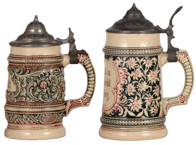 Five pottery steins, by Diesinger, .25L, relief, pewter lid, thumblift is loose; with, .25L, relief, 184, pewter lid; with, .3L, 32, relief, pewter lid; with, .25L, 93, relief, pewter lid; with, .25L, relief, no lid, all in good condition. - 2