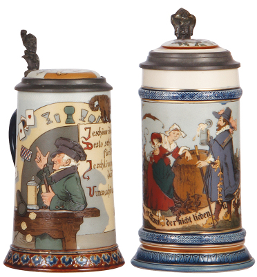 Two Mettlach steins, .5L, 2090, etched, inlaid lid, by H. Schlitt, glaze flakes on inlay interior; with, .5L, 2230, etched, inlaid lid, hairline on underside of base.