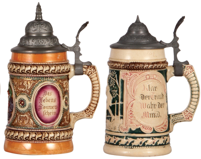 Five pottery steins, by Diesinger, .25L, relief, pewter lid, thumblift is loose; with, .25L, relief, 184, pewter lid; with, .3L, 32, relief, pewter lid; with, .25L, 93, relief, pewter lid; with, .25L, relief, no lid, all in good condition. - 3