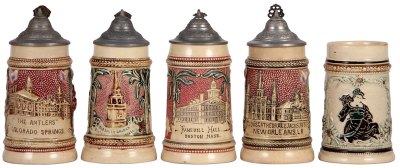 Four Diesinger steins, .25L, pottery, relief, The Antlers Colorado Springs, pewter lid; with, .25L, relief, Old South Church, Boston, pewter lid; with, .25L, relief, Faneuil Hall, Boston, pewter lid; with, .25L, threading & relief, no lid, all in good con