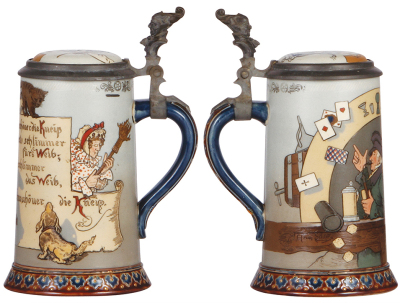 Two Mettlach steins, .5L, 2090, etched, inlaid lid, by H. Schlitt, glaze flakes on inlay interior; with, .5L, 2230, etched, inlaid lid, hairline on underside of base. - 2