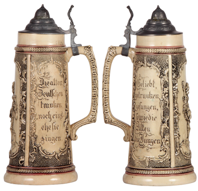 Two pottery steins, by Diesinger, 1.5L, 12.4" ht., 580, relief, pewter lid repaired; with, 2.0L, 14.9" ht., 57, relief, pewter lid dented & repaired, stein bodies in very good condition. - 2