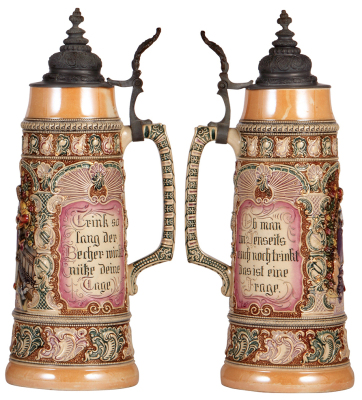 Two pottery steins, by Diesinger, 1.5L, 12.4" ht., 580, relief, pewter lid repaired; with, 2.0L, 14.9" ht., 57, relief, pewter lid dented & repaired, stein bodies in very good condition. - 3