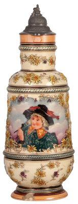 Pottery stein, 3.5L, 18.7" ht., by Diesinger, threading & relief, pewter lid, base chip, pewter tear.