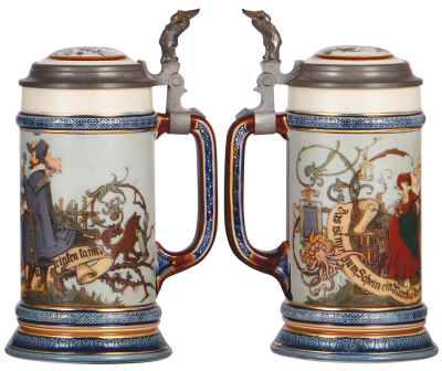 Two Mettlach steins, .5L, 2090, etched, inlaid lid, by H. Schlitt, glaze flakes on inlay interior; with, .5L, 2230, etched, inlaid lid, hairline on underside of base. - 3