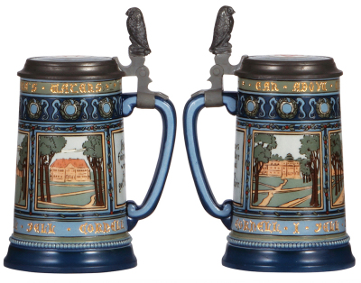 Two Mettlach steins, .5L, 2872, etched, Cornell University, inlaid lid, very good repair of base chip; with, .5L, 2003, etched, inlaid lid, very good re-glaze of handle chip.  - 2