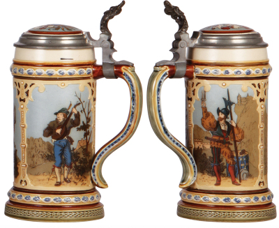 Two Mettlach steins, .5L, 2872, etched, Cornell University, inlaid lid, very good repair of base chip; with, .5L, 2003, etched, inlaid lid, very good re-glaze of handle chip.  - 3