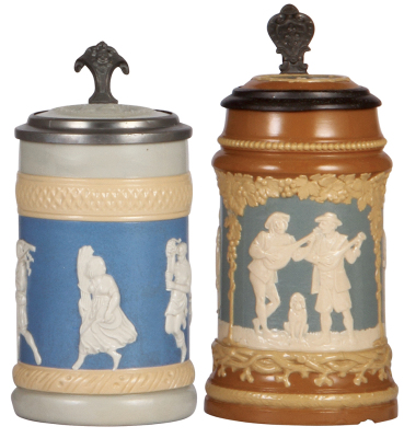 Two Mettlach steins, .5L, 171, relief, inlaid lid, shallow chip on handle; with, .5L, 2547, relief, inlaid lid, three base chips. 