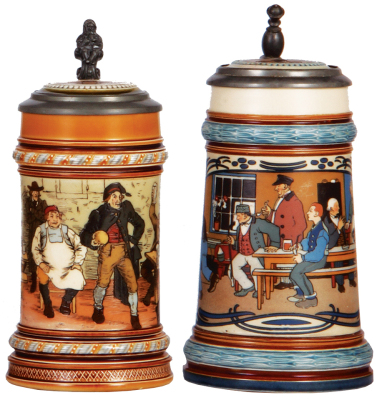 Two Mettlach steins, .5L, 1403, etched, by C. Warth, inlaid lid, hairlines on inlay; with, .5L, 2632, etched, inlaid lid, inlay repair is deteriorating, good handle repair. 