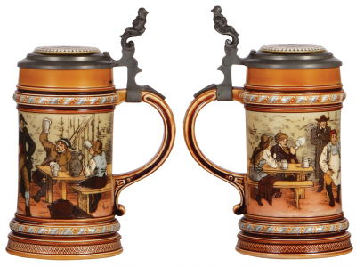 Two Mettlach steins, .5L, 1403, etched, by C. Warth, inlaid lid, hairlines on inlay; with, .5L, 2632, etched, inlaid lid, inlay repair is deteriorating, good handle repair.  - 2