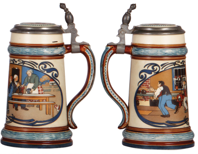 Two Mettlach steins, .5L, 1403, etched, by C. Warth, inlaid lid, hairlines on inlay; with, .5L, 2632, etched, inlaid lid, inlay repair is deteriorating, good handle repair.  - 3