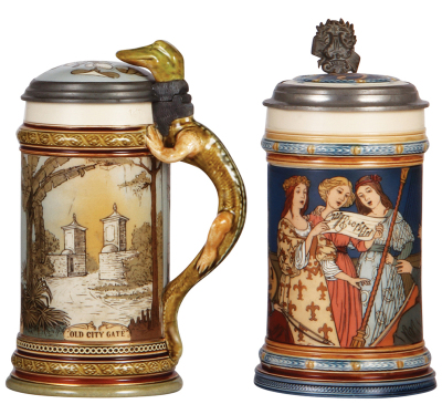 Two Mettlach steins, .5L, 2373, etched, inlaid lid, new head replacement, top rim chip repaired; with, .5L, 2581, etched, by F. Quidenus, inlaid lid, excellent hairline repaired. 