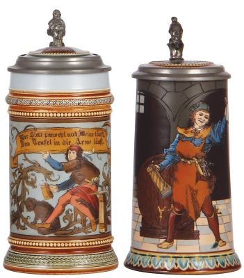 Two Mettlach steins, .5L, 1947, etched, inlaid lid, 1.5'' hairline on inlay; with, .5L, 2776, etched, inlaid lid, 2.0'' hairline on inlay.