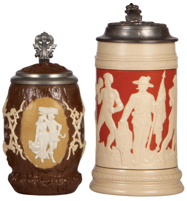 Two Mettlach steins, .5L, 1028, relief, inlaid lid; with, .5L, 2278, relief, original pewter lid, both mint. 