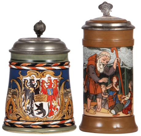 Two Mettlach steins, .5L, 2024, etched, Berlin, inlaid lid, hairline on inlay painted on underside; with, .5L, 2809, etched, inlaid lid, inlay cracks & chips. 