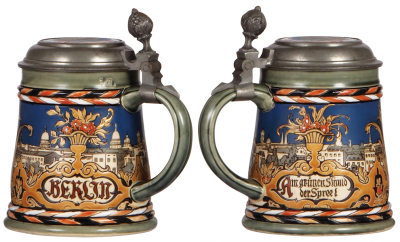 Two Mettlach steins, .5L, 2024, etched, Berlin, inlaid lid, hairline on inlay painted on underside; with, .5L, 2809, etched, inlaid lid, inlay cracks & chips.  - 2