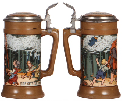 Two Mettlach steins, .5L, 2024, etched, Berlin, inlaid lid, hairline on inlay painted on underside; with, .5L, 2809, etched, inlaid lid, inlay cracks & chips.  - 3