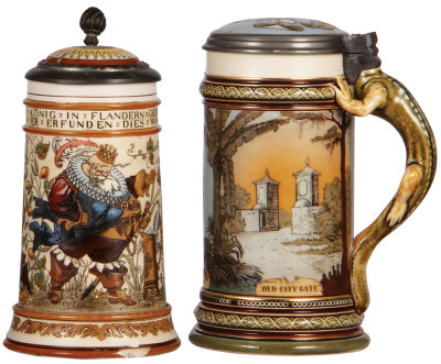 Two Mettlach steins, .5L, 2027, etched, inlaid lid, lid damaged, base chip; with, .5L, 2373, etched, St. Augustine Fla., inlaid lid, alligator head missing, otherwise mint.  