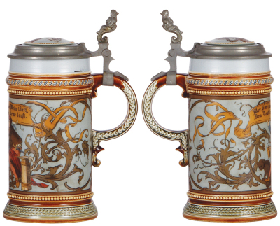 Two Mettlach steins, .5L, 1947, etched, inlaid lid, 1.5'' hairline on inlay; with, .5L, 2776, etched, inlaid lid, 2.0'' hairline on inlay. - 2