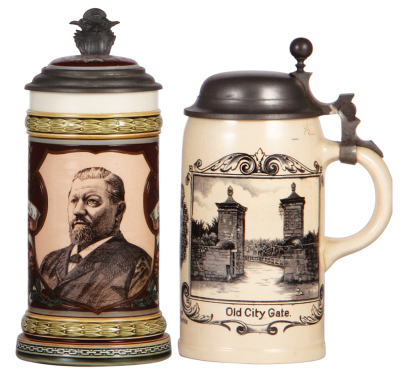 Two Mettlach steins, .5L, 1997, PUG & etched, by Hein, George Ehret, Hells Gate Brewery N.Y., inlaid lid, mint; with, .5L, 1909, PUG, St. Augustine Florida, pewter lid, 2" hairline, interior browning, pewter strap repaired. 