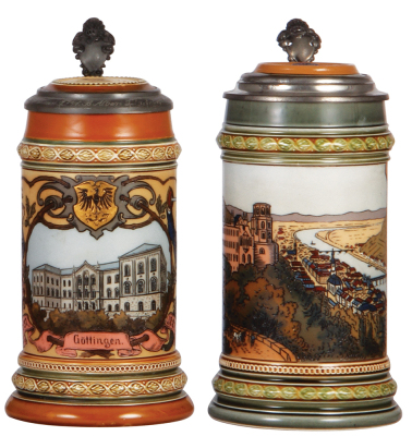 Two Mettlach steins, .5L, 1742, etched, by C. Warth, inlaid lid, handle, body & inlay repairs, center hinge ring missing; with, .5L, 3200, etched, Heidelberg, inlaid lid, faint top rim hairlines, larger hairlines in body. 