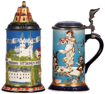 Two Mettlach steins, .5L, modern, Mettlach, Limited Edition, Mettlach Collectors Society, Limited Edition, both have inlaid lids, mint.