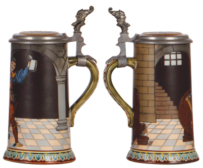 Two Mettlach steins, .5L, 1947, etched, inlaid lid, 1.5'' hairline on inlay; with, .5L, 2776, etched, inlaid lid, 2.0'' hairline on inlay. - 3