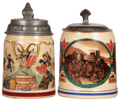 Two Mettlach steins, .5L, 1108 [1526], PUG, by H. Schlitt, pewter lid, minor pewter tear, browning; with, .5L, 1526, transfer & hand-painted, Heidelberg, flat metal lid, mint.