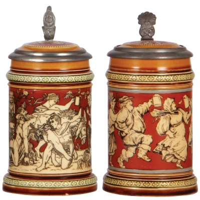 Two Mettlach steins, .3L, 2035, etched, inlaid lid, mint; with, .3L, 2057, etched, inlaid lid, good small base chip repair.