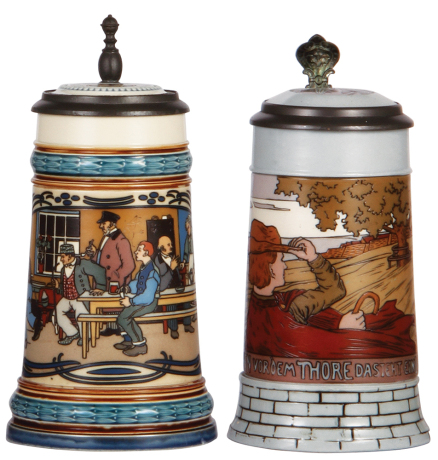 Two Mettlach steins, .5L, 2632, etched, inlaid lid, pewter flaking, otherwise mint; with, .5L, 2833A, etched, inlaid lid, mint.