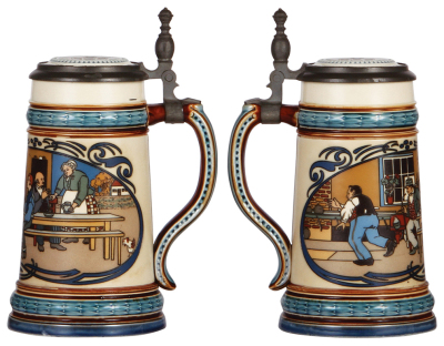 Two Mettlach steins, .5L, 2632, etched, inlaid lid, pewter flaking, otherwise mint; with, .5L, 2833A, etched, inlaid lid, mint. - 2