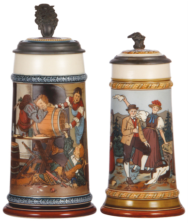 Two Mettlach steins, 1.0L, 2500, etched, inlaid lid, good handle repair; with, .5L, 2768, etched, inlaid lid, hairlines on interior of base.