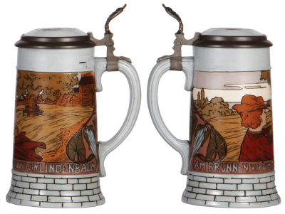 Two Mettlach steins, .5L, 2632, etched, inlaid lid, pewter flaking, otherwise mint; with, .5L, 2833A, etched, inlaid lid, mint. - 3