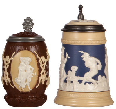 Two Mettlach steins, .5L, 1028, relief, inlaid lid, mint; with, .5L, 2182, relief, inlaid lid, mint. 