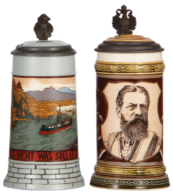 Two Mettlach steins, .5L, 2833C, etched, inlaid lid, inlay cracked & chipped, body mint; with, .5L, 1861, PUG & etched, Friedrich III, inlaid lid, inlay cracked, body mint. 