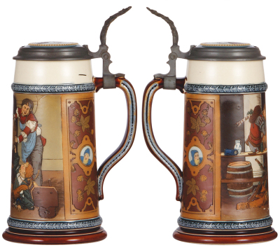 Two Mettlach steins, 1.0L, 2500, etched, inlaid lid, good handle repair; with, .5L, 2768, etched, inlaid lid, hairlines on interior of base. - 2