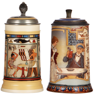 Two Mettlach steins, 1.0L, 2583, etched, by F. Quidenus, inlaid lid, inlay is new replacement, body mint; with, 1.0L, 2520, etched, by H. Schlitt, inlaid lid is new replacement, two top rim chips repaired.