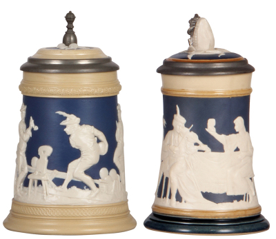 Two Mettlach steins, .5L, 2182, relief, inlaid lid, mint; with, .5L, 2358, relief, inlaid lid, mint.