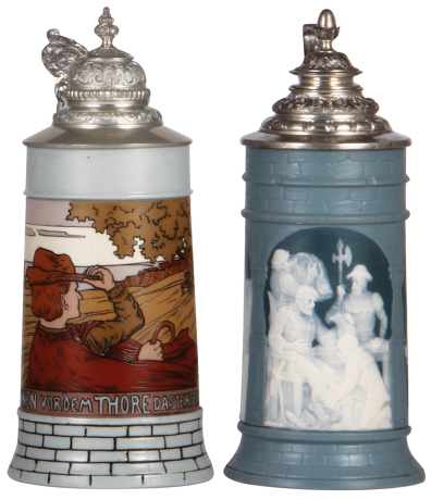 Two Mettlach steins, .5L, 2833A, etched, original pewter lid, mint; with, .5L, 2652, cameo, by Stahl, original pewter lid, mint.