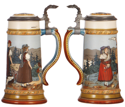 Two Mettlach steins, 1.0L, 2500, etched, inlaid lid, good handle repair; with, .5L, 2768, etched, inlaid lid, hairlines on interior of base. - 3