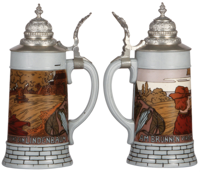 Two Mettlach steins, .5L, 2833A, etched, original pewter lid, mint; with, .5L, 2652, cameo, by Stahl, original pewter lid, mint. - 2