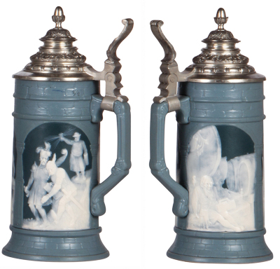 Two Mettlach steins, .5L, 2833A, etched, original pewter lid, mint; with, .5L, 2652, cameo, by Stahl, original pewter lid, mint. - 3