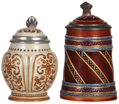 Two Mettlach steins, .25L, 1801, mosaic, inlaid lid, mint; with, .25L, 1939, mosaic, inlaid lid, mint.