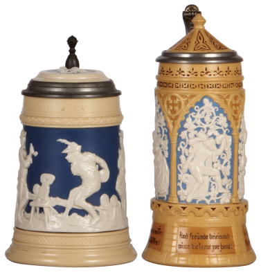 Two Mettlach steins, .5L, 2182, relief, inlaid lid, mint; with, .5L, 228, relief, inlaid lid, mint.