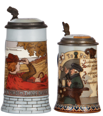 Two Mettlach steins, .5L, 2833A, etched, inlaid lid, mint; with, .3L, 2090, etched, by H. Schlitt, inlaid lid, mint.
