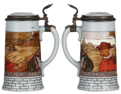 Two Mettlach steins, .5L, 2833A, etched, inlaid lid, mint; with, .3L, 2090, etched, by H. Schlitt, inlaid lid, mint. - 2